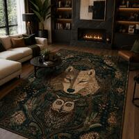 Wolf Owl Rug Dark Forest Area Rug, Vintage Woodland Animal Carpet, Gothic Botanical Decor, Dark Acad