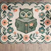 Hand made wool rug, Owl Reading Book Tufted Rug, Floral Cottagecore Area Rug, Cute Owl Nursery Mat,