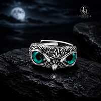 925 Sterling Silver Owl Eyes Ring Adjustable Gothic Vintage Owl Ring Mystical Wisdom Protection Jewe