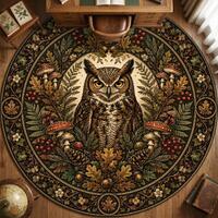 Woodland Owl Round Rug, Forest Owl Area Rug, Rustic Nature Decor, Cottagecore Woodland Carpet, Botan