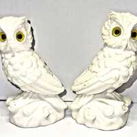 2 Vintage White Alabaster Horned Owl Figurines 5” w/ Yellow Eyes - Made in Italy
