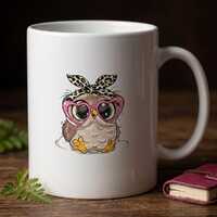 Cute Owl Mug with Heart Glasses | Leopard Print Bow Ceramic Coffee Cup | Animal Lover Gift | Teacher