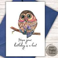Hope Your Birthday Is a Hoot Card | Cute Owl Birthday Card | Printable Birthday Card | Watercolor Ow