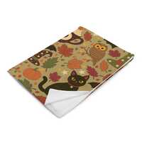 Halloween Throw Blanket, Storybook Woodland Fleece Blanket, Cozy Fall Black Cats, Owls, Pumpkins, Co