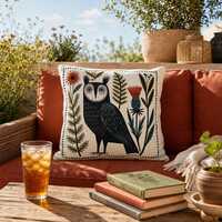 Folk Art Owl Outdoor Pillow, Scandinavian Linocut Patio Cushion, Woodland Bird Porch Decor, Nature L