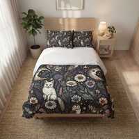 White Fox Duvet Cover Set, Moon Owl Botanical Cottagecore Bedding