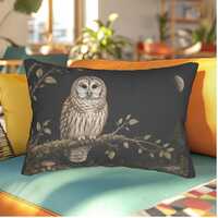 Barred Owl Lumbar Pillow, Vintage Botanical Throw Pillow 20x14, Dark Cottagecore Home Decor, Moonlit