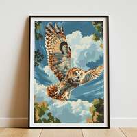 Barn Owl in Flight Poster Vintage Travel Style Art Print Woodland Nature Decor