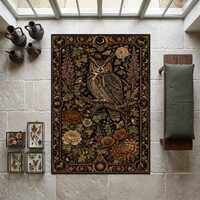 Vintage Owl Area Rug, Woodland Botanical Carpet, Cottagecore Owl Decor, Nature Inspired Floral Rug, 