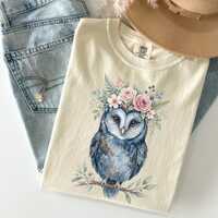 Comfort Colors Floral Owl Halloween Shirt, Watercolor Owl Graphic Tee, Boho Cottagecore Fall Bird T-