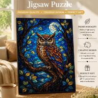 Stained Glass Owl Jigsaw Puzzle, Colorful Owl Art Puzzle, Woodland Bird Illustration, Gothic Nature 