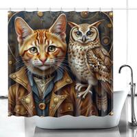 Cat Owl Shower Curtain, Bathroom Curtain, Dark Academia, Ginger Steampunk Portrait Decor