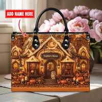 Personalized Autumn Cottage Leather Handbag, Custom Name Owl Pumpkin House Handbag, Cozy Fall Cottag