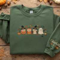 Custom Owl Halloween Embroidered Sweatshirt, Personalized Sleeve Name, Cute Pumpkin Ghost Autumn Cre