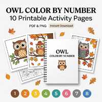 Owl Color by Number Printable | 10 Cute Owl Coloring Pages for Kids | PDF & PNG Digital Download