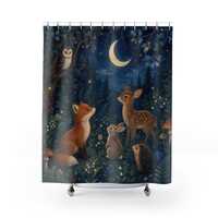 Kids Shower Curtain, Moonlit Woodland Animals with Owl Fox Fawn and Rabbit, Teal Navy Storybook Fore