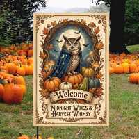 Owl Halloween Garden Flag, Midnight Harvest Pumpkin Yard Decor, Whimsical Autumn Outdoor Flag for Po