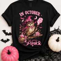 Owl Halloween Shirt, Breast Cancer Awareness Owl Shirt, In October We Wear Pink Fall Tee