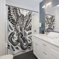 Owl and Snake Illustration Shower Curtain | Black Ink Tattoo Style
