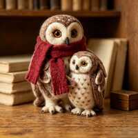 Handmade Felt Owl Family , with Red Scarf , Mother and Baby Owl Figurine , Needle Felted Owls , Gift