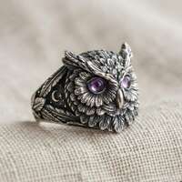Owl Statement Ring Silver Purple Stone Art Nouveau Animal Band