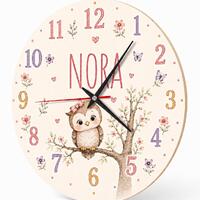Personalized Owl Watercolor Clock: Pastel Kids Room Decor, Silent Wooden MDF timepiece