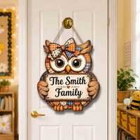 Owl Halloween Door Hanger, Personalized Family Name Welcome Sign, Pumpkin Wood Door Decor Gift