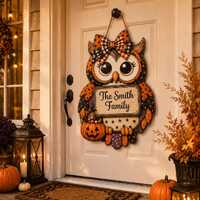 Personalized Owl Halloween Door Sign, Custom Wooden Front Door Hanger, Spooky Fall Porch Decoration,