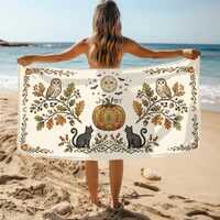 Spooky Pumpkin Beach Towel, Black Cat Owl Bath Towel, Halloween Coastal Aesthetic, Autumn Nature Gif