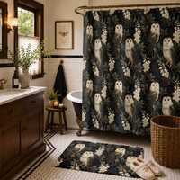 Barn Owl Bathroom Decor | Owl Shower Curtain, Bath Mat & Hand Towel Set, Woodland Bathroom, Dark