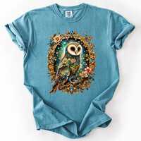 Barn Owl Illustration T-Shirt | Floral Vintage Frame, Night Sky Accents | tar307