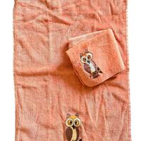 Embroidered Owl Towel Set, Orange Hand Towel & Washcloth, Vintage Bathroom