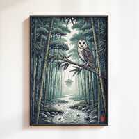 Japanese Owl Bamboo Forest Print: Woodblock Bird Wall Art, Japandi Pagoda Decor, Owl Lover Gift