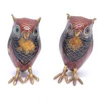 Vintage Chinese Cloisonne Enamel Owl Figurines Pair Brass Feet Decor