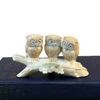 Vintage Owl Figurine, 3 Owls on Branch, Otagiri Porcelain Statuette