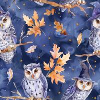 Witch Owl Fabric Halloween Bird Fabric Dark Blue Watercolor Autumn Leaf Twig Star Magical Fabric Sew