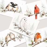 Winter Birds Watercolor Cards: Cardinal, Robin, Owl, Chickadees, Doves Christmas Card Bird Set