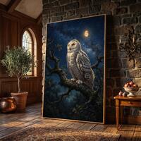 Majestic Snowy Owl Canvas Wall Art, Night Sky Moonlight Painting, Wildlife Nature Decor, Forest Tree