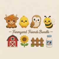 Farmyard Friends Embroidery Bundle Highland Cow Chick Owl Bee Rustic Country Collection Pattern