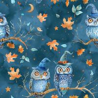 Halloween Owl Fabric, Magical Bird Fabric, Midnight Blue Wizard Hat Branch Fall Leaf Fabric, 100% Co