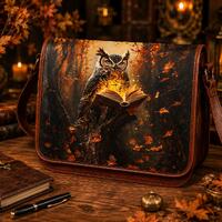 Owl Reading Book Leather Messenger Bag, Dark Academia Crossbody Satchel, Woodland Autumn Laptop Bag,