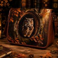 Owl Leather Messenger Bag, Woodland Forest Crossbody Satchel, Dark Academia Laptop Bag, Handmade Nat