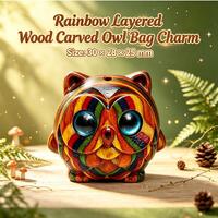 Rainbow Layered Wood Carved Owl Bag Charm, Cute Chibi Owl Pendant, Wooden Owl Keychain, Whimsical F