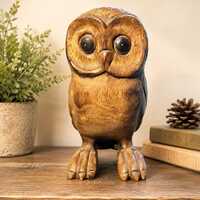Thailand Vintage 1990s Hand Carved Raintree Wood Owl Figurine Sculpture, 10”