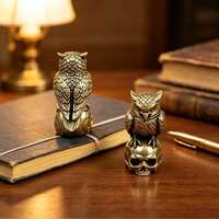 Vintage Brass Owl On Skull Resin Statue, Gothic Library Desk Decor Figurine