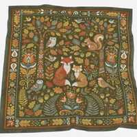 Olive Woodland Foxes & Owls | Whimsical Folk Art Style Silk Scarf | Original Art Gift | Silk Hab