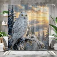 Snowy Owl Shower Curtain, Winter Wildlife Bathroom Decor, Arctic Owl Bath Curtain, Snow Forest Bathr