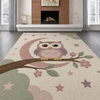 Cute Owl on Moon Hand Tufted Rug | Kids Room Nursery Wool Area Rug | Handmade Floral Carpet
