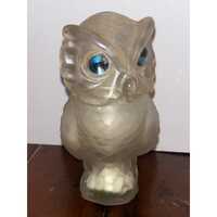 Avon Baby Powder Container Frosted Glass Owl Blue Eyes Vintage Collectible 4.5in