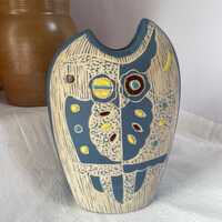 Mid Century Modern Owl Vase, Vintage Blue Ceramic Owl Planter, Retro Studio Pottery, Carved Sgraffit